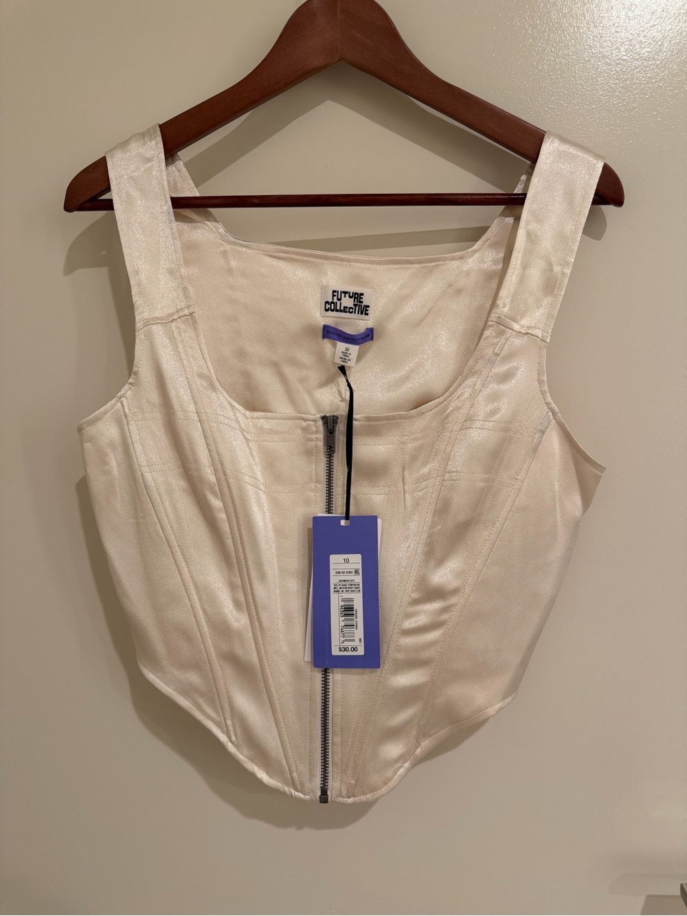 Future Collective Cream Satin Zip-Front Tank Corset Top